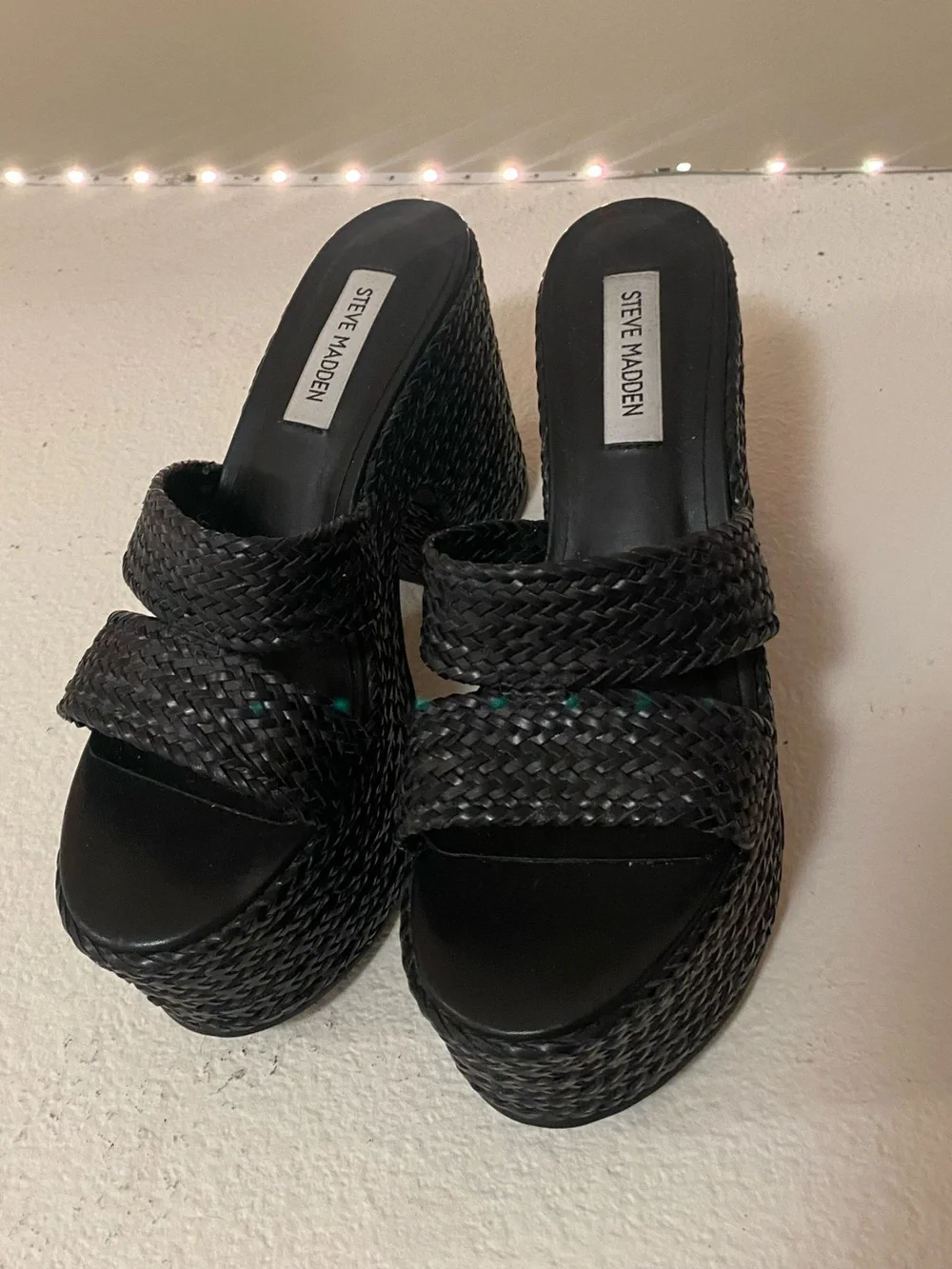 Steve Madden Black Woven Platform Slide Sandals